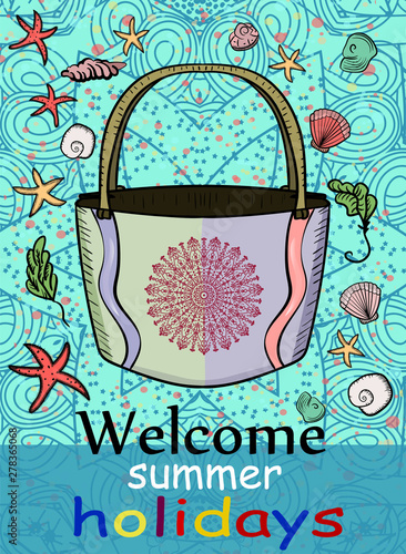 Beach bag with mandala for vacations at sea. Bag surrounded by seashells, plankton and sea stars. Summer time. - Vector