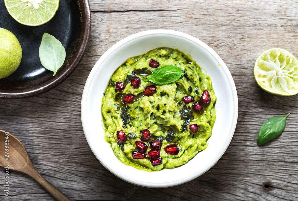 Avocado dip with Basil Olive oil and Pomegranate topping Avocado dip with Basil Olive oil and Pomegranate topping