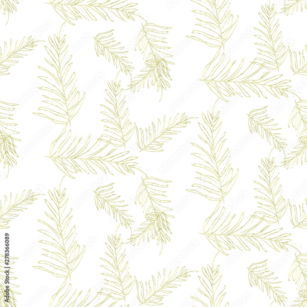 Seamless pattern tropical design. Summer print with golden fern leaves. Watercolor effect. Suitable for bed linen, leggings, shorts and fashion industry.