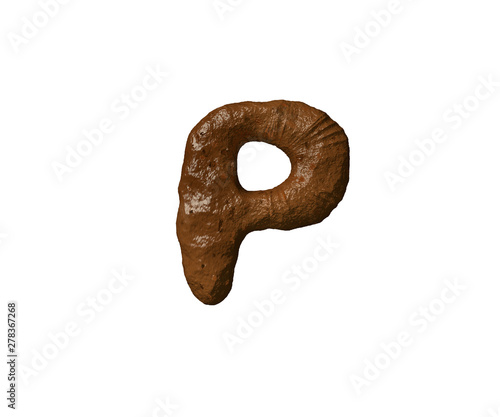 Brown mud or shit font - letter P isolated on white background, 3D illustration of symbols