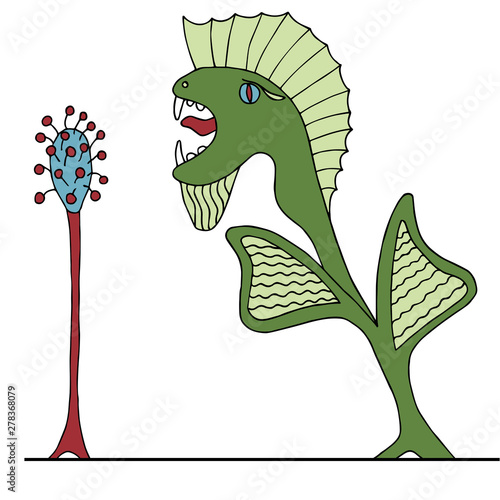 fantastic animated plant singer with a mohawk hair and beard singing into the microphone vector illustration