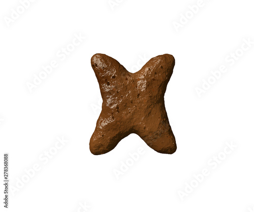 Brown mud or poo alphabet - letter X isolated on white background, 3D illustration of symbols