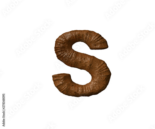 Brown mud or poo font - letter S isolated on white background, 3D illustration of symbols