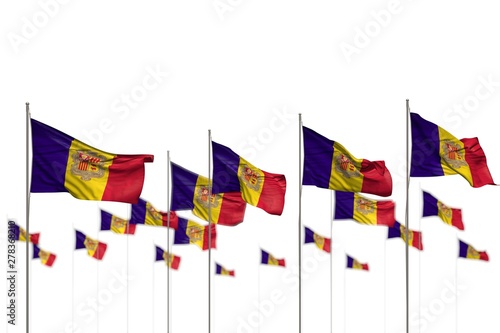 beautiful Andorra isolated flags placed in row with soft focus and place for your content - any occasion flag 3d illustration..