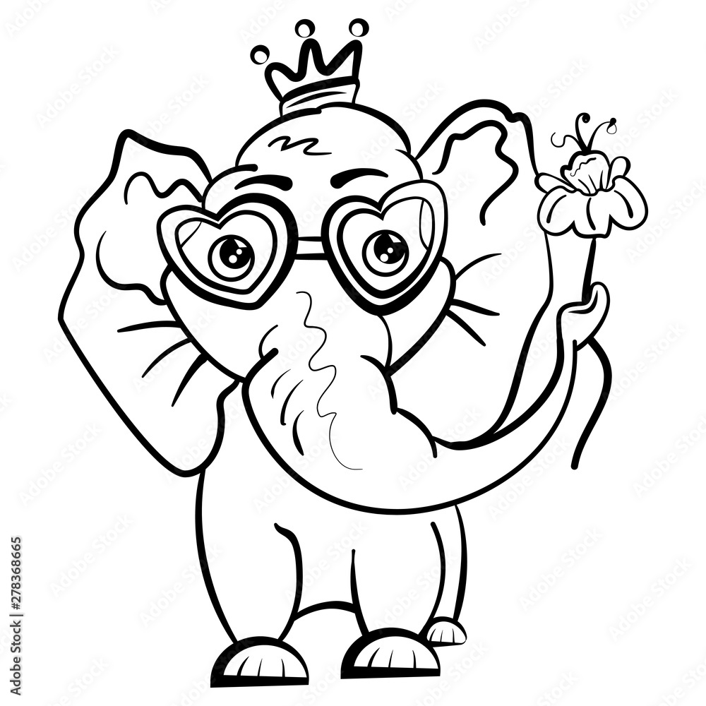 Elephant in the crown and with a flower and glasses in the shape of hearts. Isolated object. African animal for coloring. Valentine's Day. Feast of Love. Vector illustration. - Vector Elephant in the crown and with a flower and glasses in the shape of hearts. Isolated object. African animal for coloring. Valentine's Day. Feast of Love. Vector illustration. - Vector
