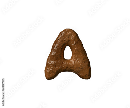 Brown dirt or poo font - letter A isolated on white background, 3D illustration of symbols