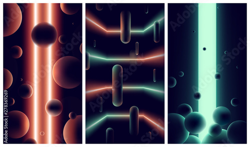 Abstract futuristic backgrounds with neon lights and lines in dark space, gradients orange and green spectrum vibrant colors, Retro vector illustrations cyberpunk space style of 80s and 90s