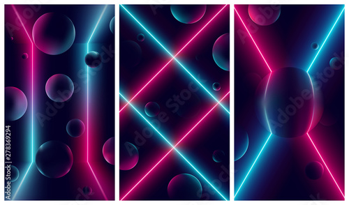Bright glowing pink and blue neon lines, futuristic cyberbank backgrounds with illuminations on geometric figures, vector retro illustrations in the style of the 80s and 90s photo