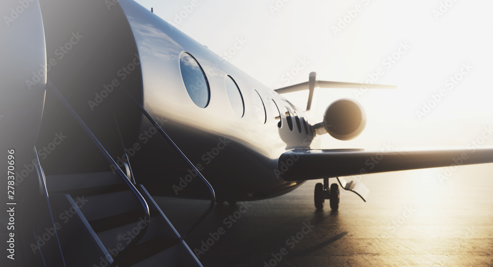 Business private jet airplane parked at terminal. Luxury tourism and business travel transportation concept. 3d rendering Business private jet airplane parked at terminal. Luxury tourism and business travel transportation concept. 3d rendering