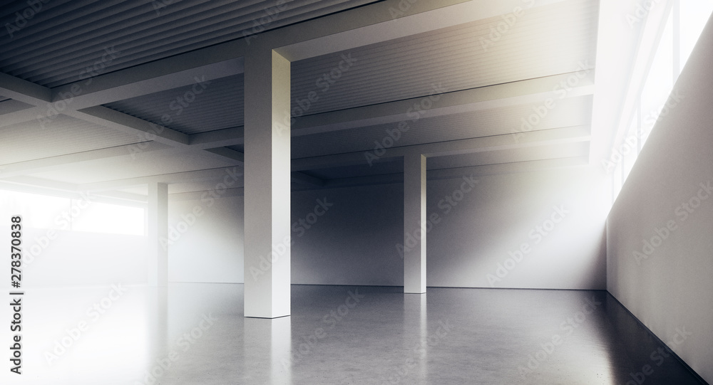 Empty loft style office building corridor with white concrete walls and floor. Concept of interior design and architecture. 3d rendering. Empty loft style office building corridor with white concrete walls and floor. Concept of interior design and architecture. 3d rendering.