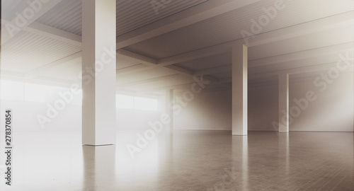 Empty loft style office building corridor with white concrete walls and floor. Concept of interior design and architecture. 3d rendering.