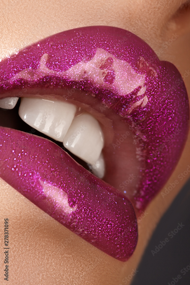 Glamour Magenta Gloss Lip Make-up. Fashion Makeup Beauty Shot. Close-up  Female Sexy Full Lips with Celebrate Pink Gloss Stock Photo | Adobe Stock