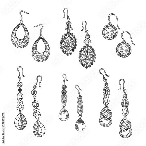 Hand drawn earrings set - vector jewelry isolated on white background. Earrings with jewelry diamond, accessory fashion drawing illustration