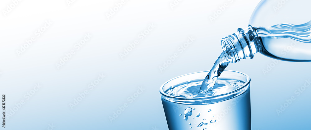 Banner Of Purified Water Pouring From Bottle Into Glass Cup On Clean Gradient Background - Healthy Lifestyle Concept - obrazy, fototapety, plakaty 
