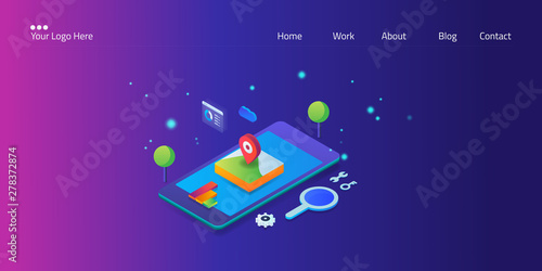 Local seo, digital marketing, searching ecommerce store on mobile, with icons and text, vector web banner.