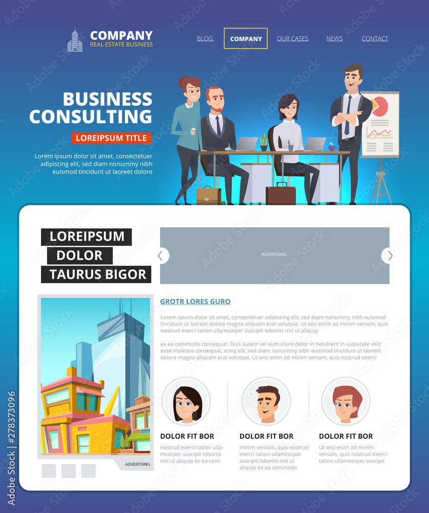 Business landing. Project management web page layout marketing startup project people team speaking vector landing design. Business consulting, project marketing and management development Business landing. Project management web page layout marketing startup project people team speaking vector landing design. Business consulting, project marketing and management development