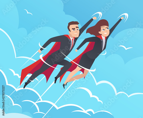 Business superheroes background. Male in action poses powerful teamwork heroes flying in sky vector business pictures. Teamwork superhero, brave and flying, leader man and woman illustration © ONYXprj