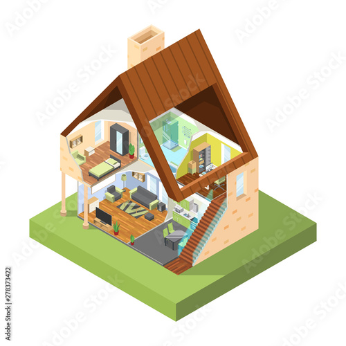 House cutaway isometric. Interior of modern house with different rooms with furniture vector pictures. 3d house modern with furniture cross-section inside illustration