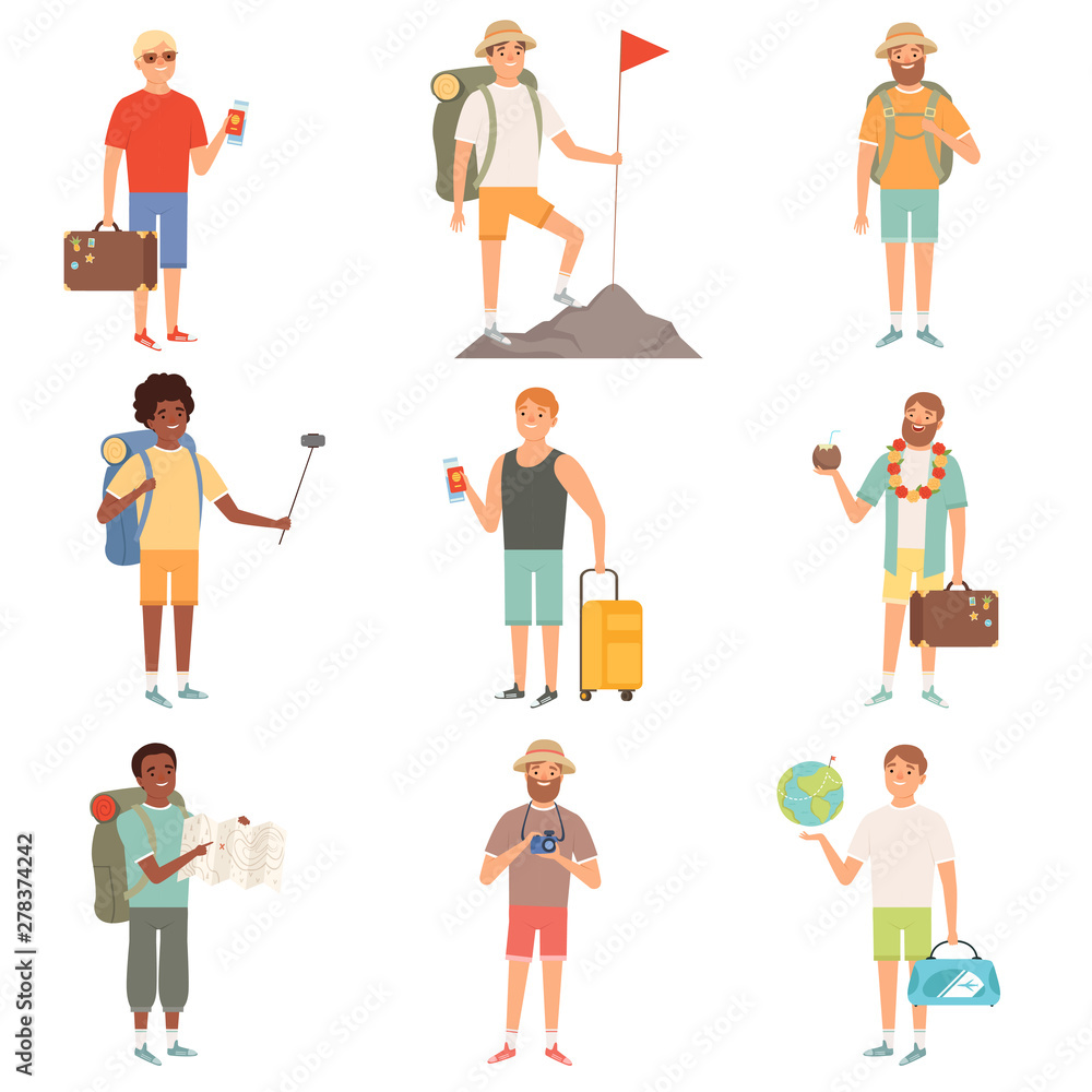 Adventure people. Outdoor characters backpackers male explore nature happy travellers vector cartoon illustrations. Adventure people, traveller backpacking