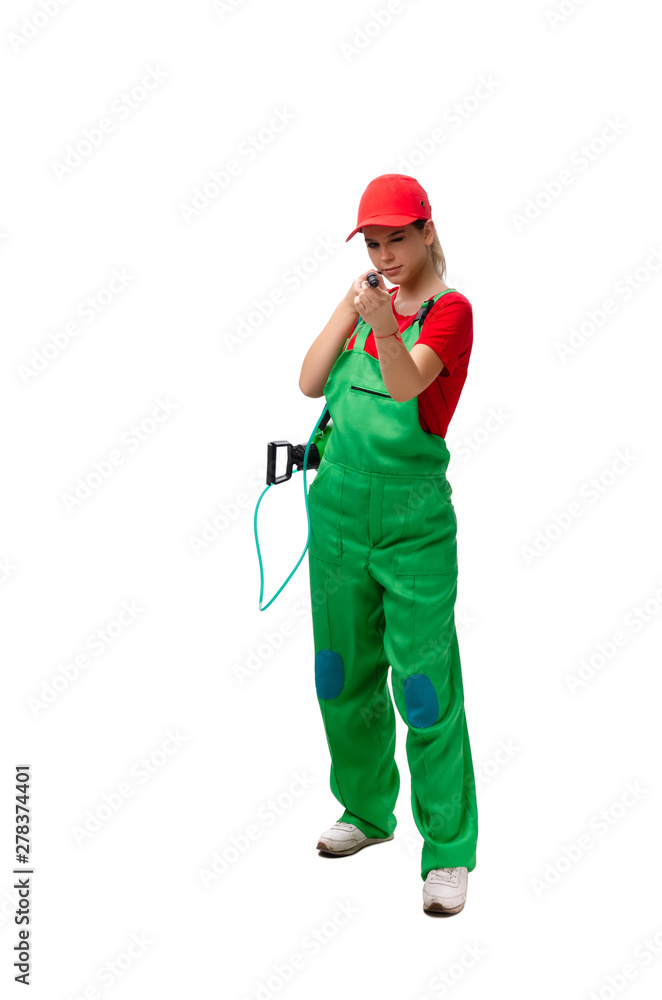 Female pest control contractor isolated on white Female pest control contractor isolated on white