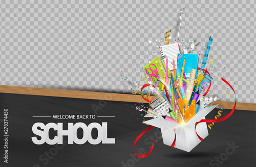 Welcome back to school background with wooden frame blackboard and open gift box with study supplies. Transparent space for custom photo. Vector illustration.