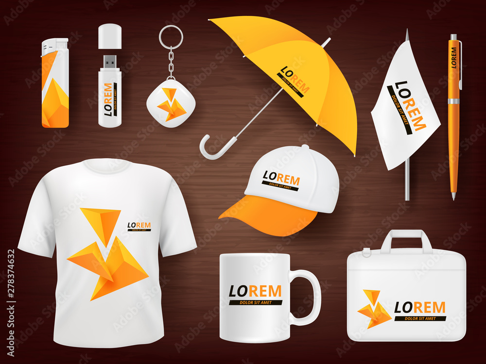 Identity. Business corporate souvenir promotion stationery items uniform  badges packages pen lighter cap vector realistic mockup. Illustration of  cup and t-shirt, mug and pencil, accessory items Stock Vector | Adobe Stock