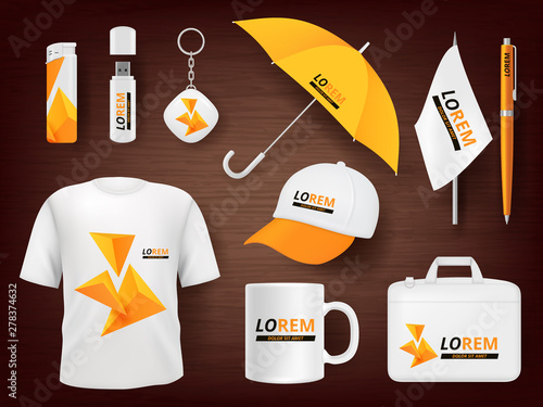 Identity. Business corporate souvenir promotion stationery items uniform badges packages pen lighter cap vector realistic mockup. Illustration of cup and t-shirt, mug and pencil, accessory items photo