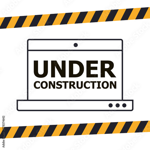 Website under construction page. Warning tape banner