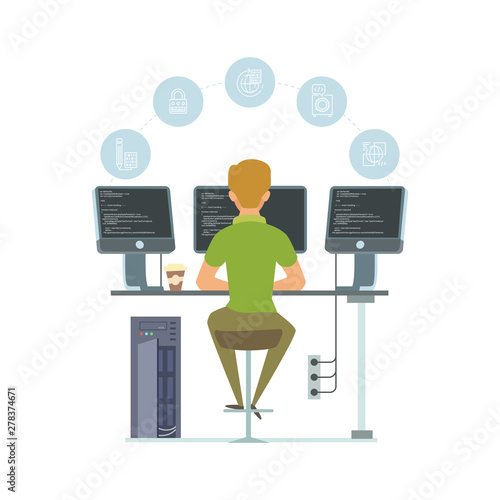 Programmer, information technology worker vector illustration. Programming icons and software developer isolated on white background. Business programming worker, computer programmer, developer coding