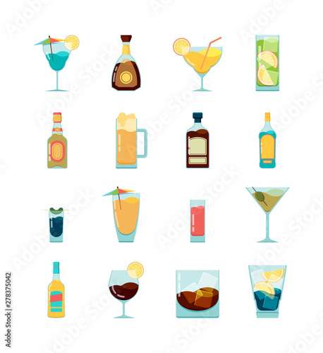 Cocktail alcoholic icon. Martini vodka and different alcoholic summer drinks vector flat pictures. Illustration of martini and gin, drink alcoholic liquid, brandy and beer