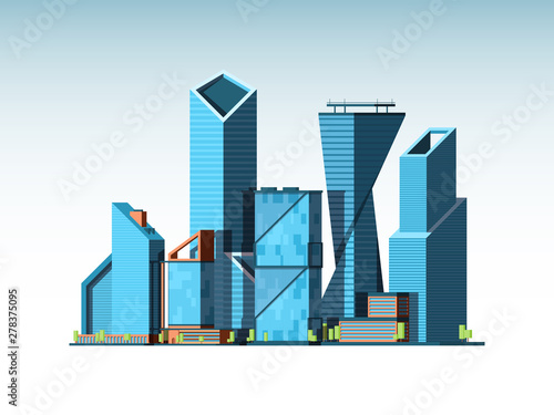 Business cityscape landscape. Urban background with office corporate buildings glass tower vector background. District downtown with tower glass building illustration
