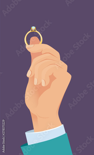 Wedding ring in hand. Groom holding golden ring in hand vector cartoon wedding background or poster. Man proposal gift ring with stone expensive illustration