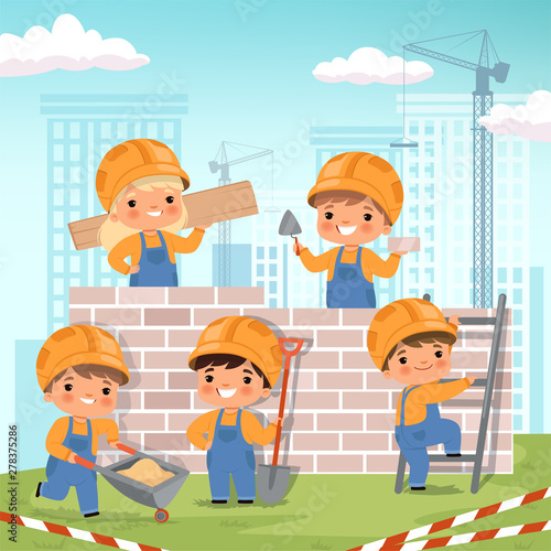 Construction background. Little kids making some work at construction build house vector cartoon background. Build construction kids, work engineering illustration