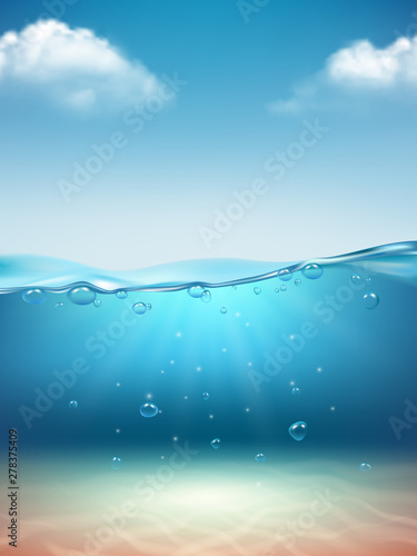 Ocean landscape realistic. Underwater flowing transparent water bubbles splashes light sunrise marine surface vector nature background with clouds