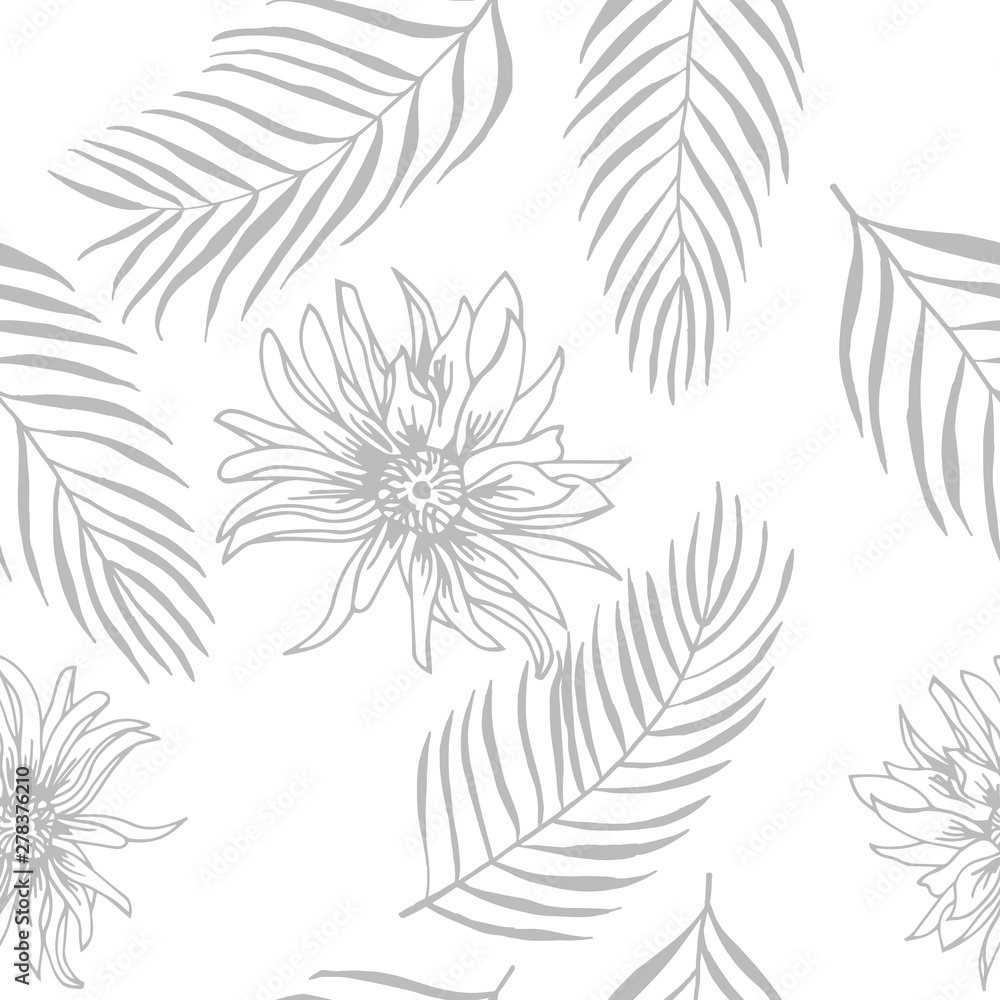 seamless floral pattern flowers and tropical palm leaves hand drawn sketch