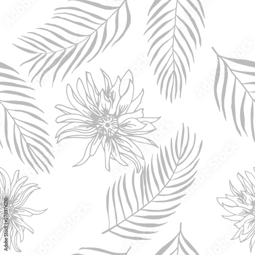 seamless floral pattern flowers and tropical palm leaves hand drawn sketch