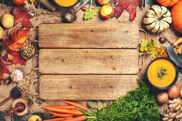 Vegetable or pumpkin soup and ingredients, space for text