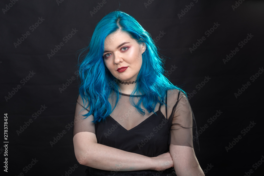 people, fashion and hair concept - close-up portrait of young woman in black dress with blue hair on black background people, fashion and hair concept - close-up portrait of young woman in black dress with blue hair on black background