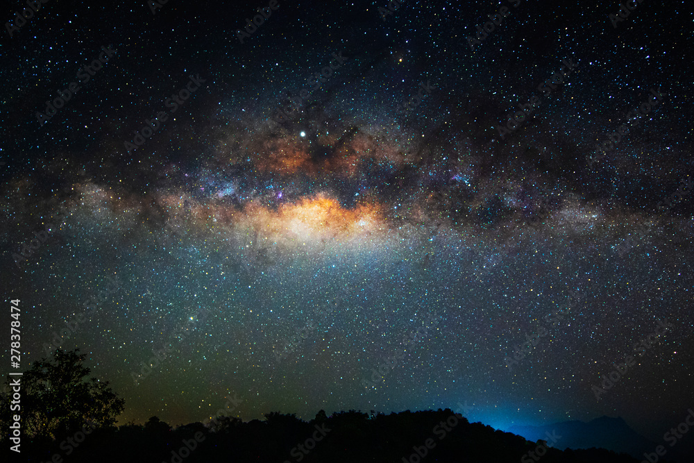 Milky way galaxy with stars and space dust in the universe. Long exposure.