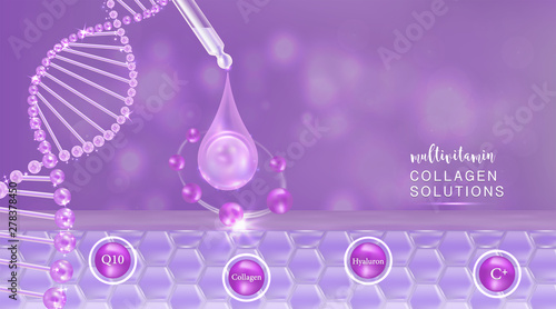 Hyaluronic acid plus multivitamins and minerals skin solutions ad, purple collagen serum drop with cosmetic advertising background ready to use, illustration vector.