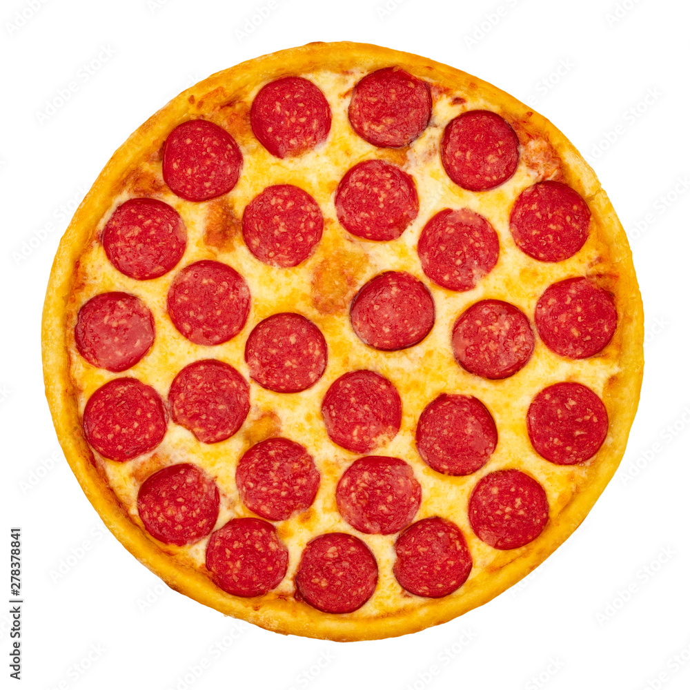 Pizza with cheese and sausage on a white isolated background. Top view Pizza with cheese and sausage on a white isolated background. Top view