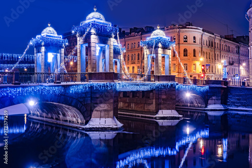 Saint Petersburg, Russia. Lomonosov Bridge at night. Christmas lights Chernyshev bridge. Decoration of bridges of SPb in the New Year. Christmas illumination on the bridge SPb. Winter St. Petersburg.