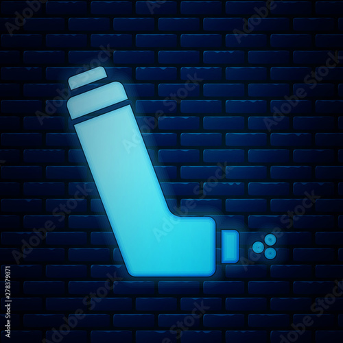 Glowing neon Inhaler icon isolated on brick wall background. Breather for cough relief, inhalation, allergic patient. Medical allergy asthma inhaler spray. Vector Illustration