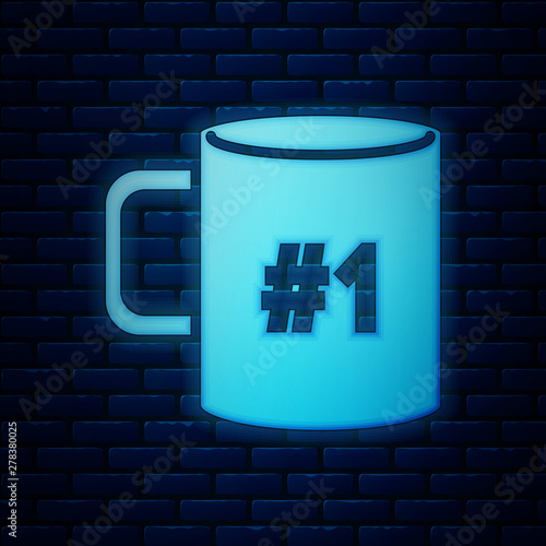 Glowing neon Coffee cup flat icon isolated on brick wall background. Tea cup. Hot drink coffee. Vector Illustration
