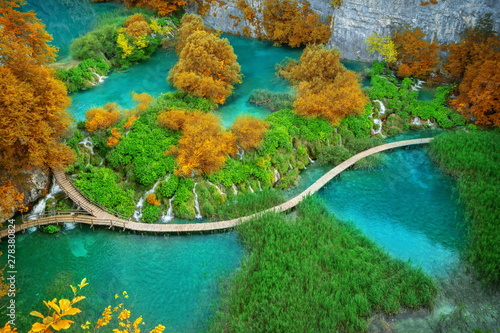 Beautiful wooden path trail for nature trekking with lakes and waterfall landscape in Plitvice Lakes National Park, UNESCO natural world heritage and famous travel destination of Croatia.