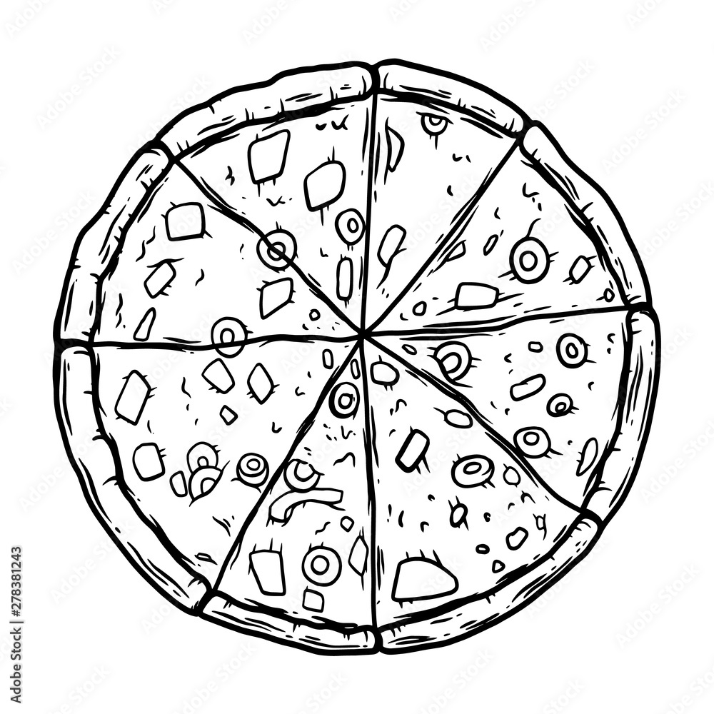 Illustration of pizza on white background. Design element for poster, banner, t shirt, emblem. Vector illustration