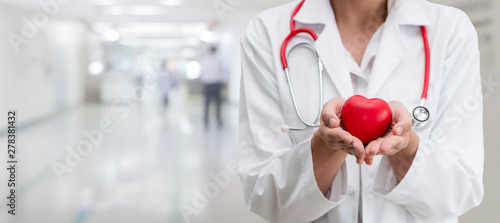 Doctor holding a red heart at hospital office. Medical health care and doctor staff service concept. photo