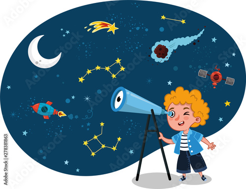 Science loving kid observes space on his telescope. Vector illustration.