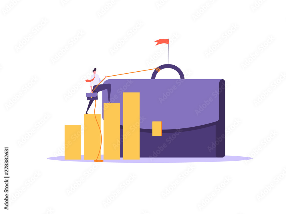 Fototapeta premium Concept of career, professional growth, coaching, career planning, career development, and team work. Businessman and employee on the stairs go to the goal. Vector illustration in flat design