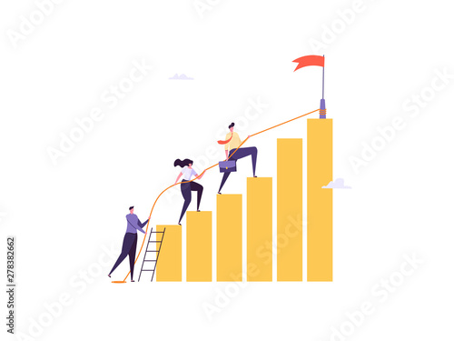 Concept of career, professional growth, coaching, career planning, career development, and team work. Businessman and employee on the stairs go to the goal. Vector illustration in flat design